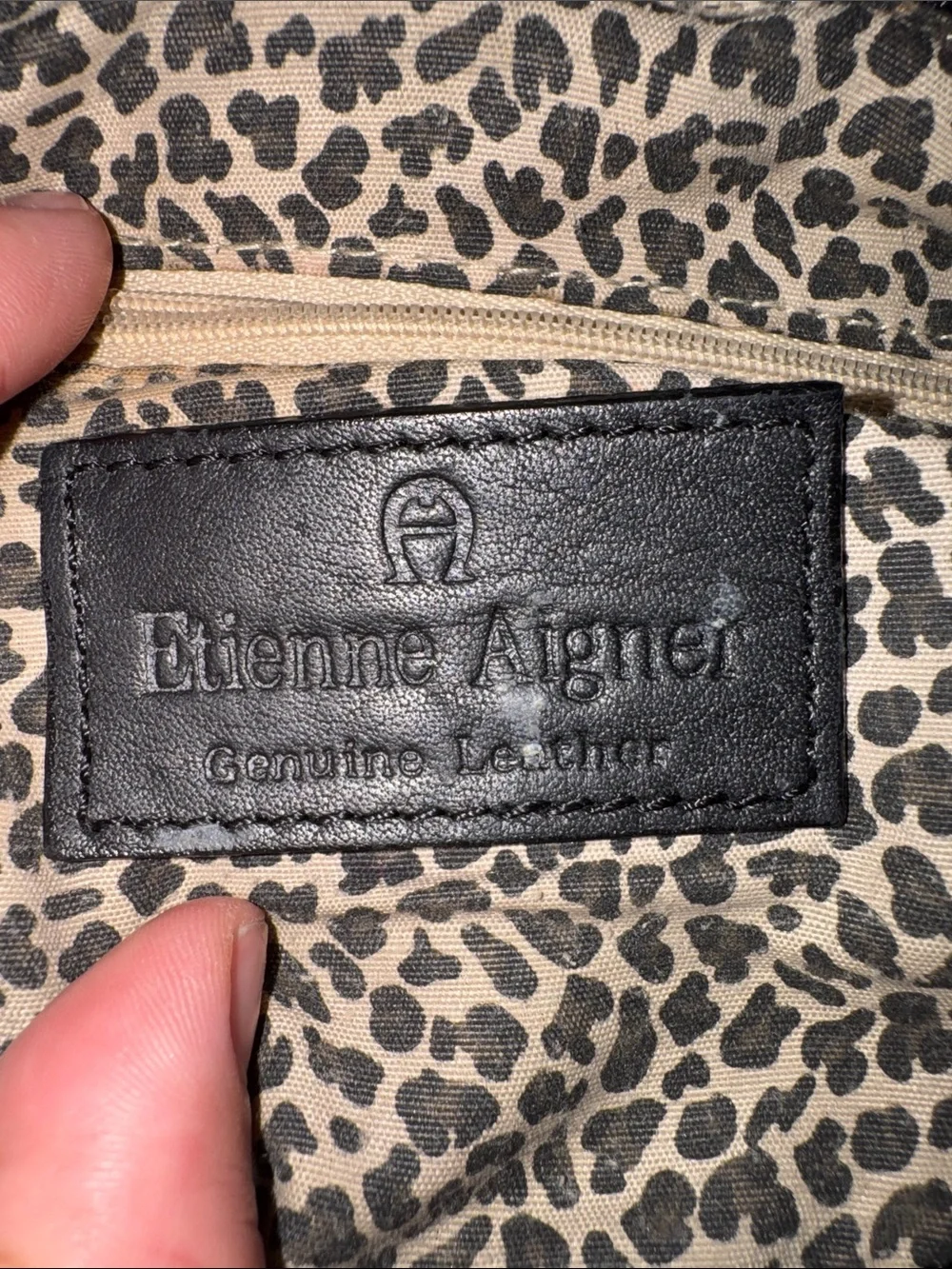 Vintage Etienne Aigner Genuine Leather Black Hobo Bag Bow Handle Leopard Lining